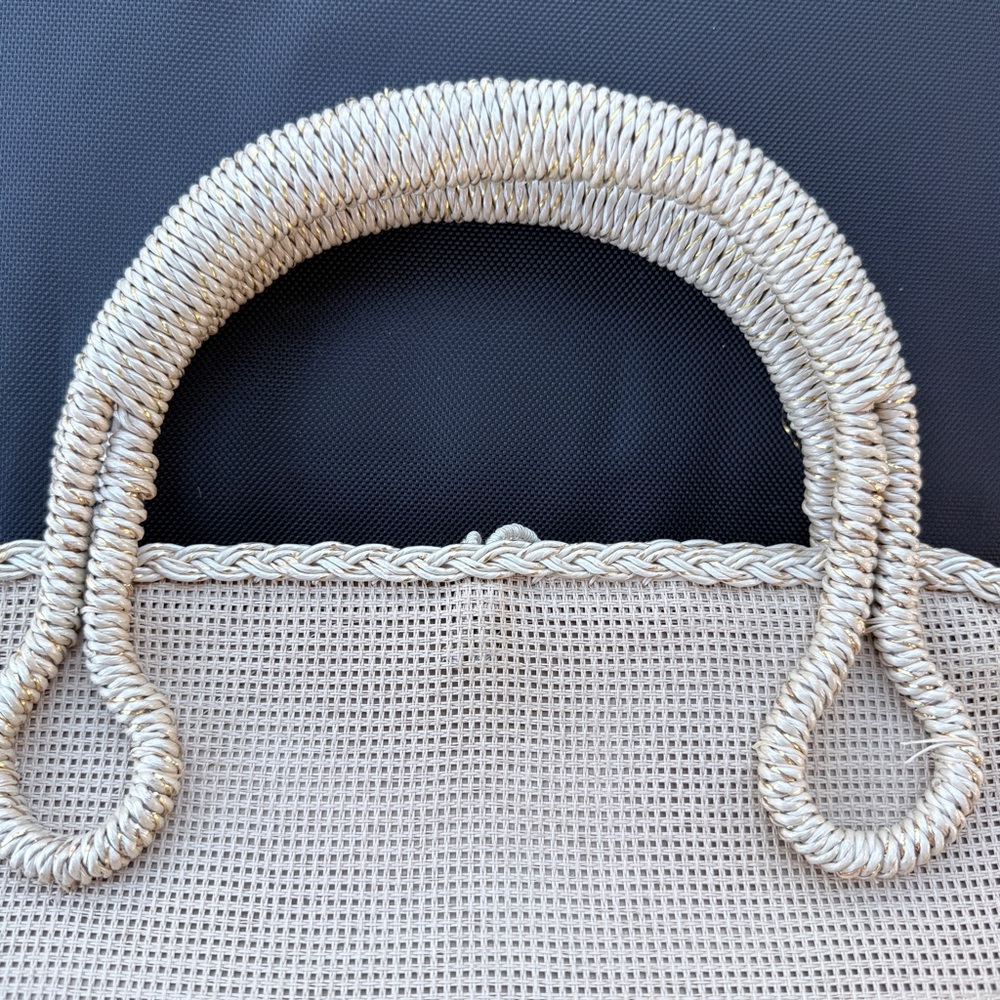 Vintage Raffia Straw Handbag Floral Shell Applique Japan 50s 60s - Picture 6 of 11